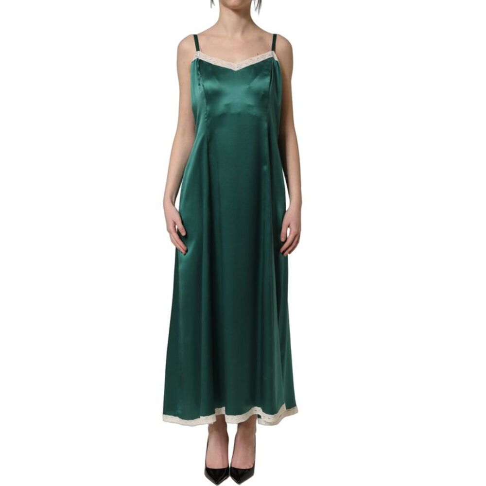 Dolce & Gabbana Green Satin Lace Trim Sleeveless Maxi Women's Dress